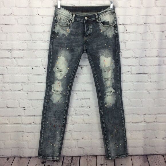 Dript Denim Blue Jeans Men’s 30/32 Grunge Button Fly Paint Splatter Distressed - Picture 1 of 12